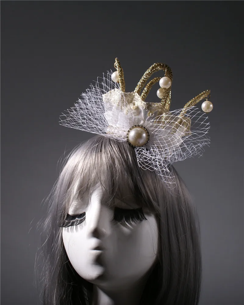 Golden round three-dimensional crown hair accessories mesh bow pearl photo shooting building crown headgear shape