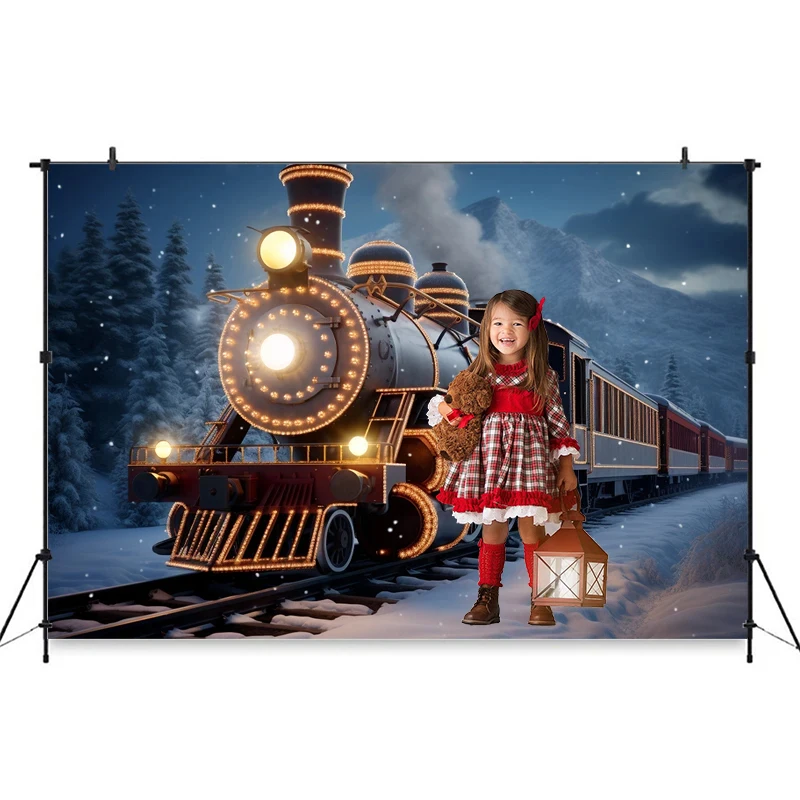 Merry Christmas Train Backdrop Photography Winter Snow New Year Props Girls Kids Children Photo Background Decor Outdoor Studio