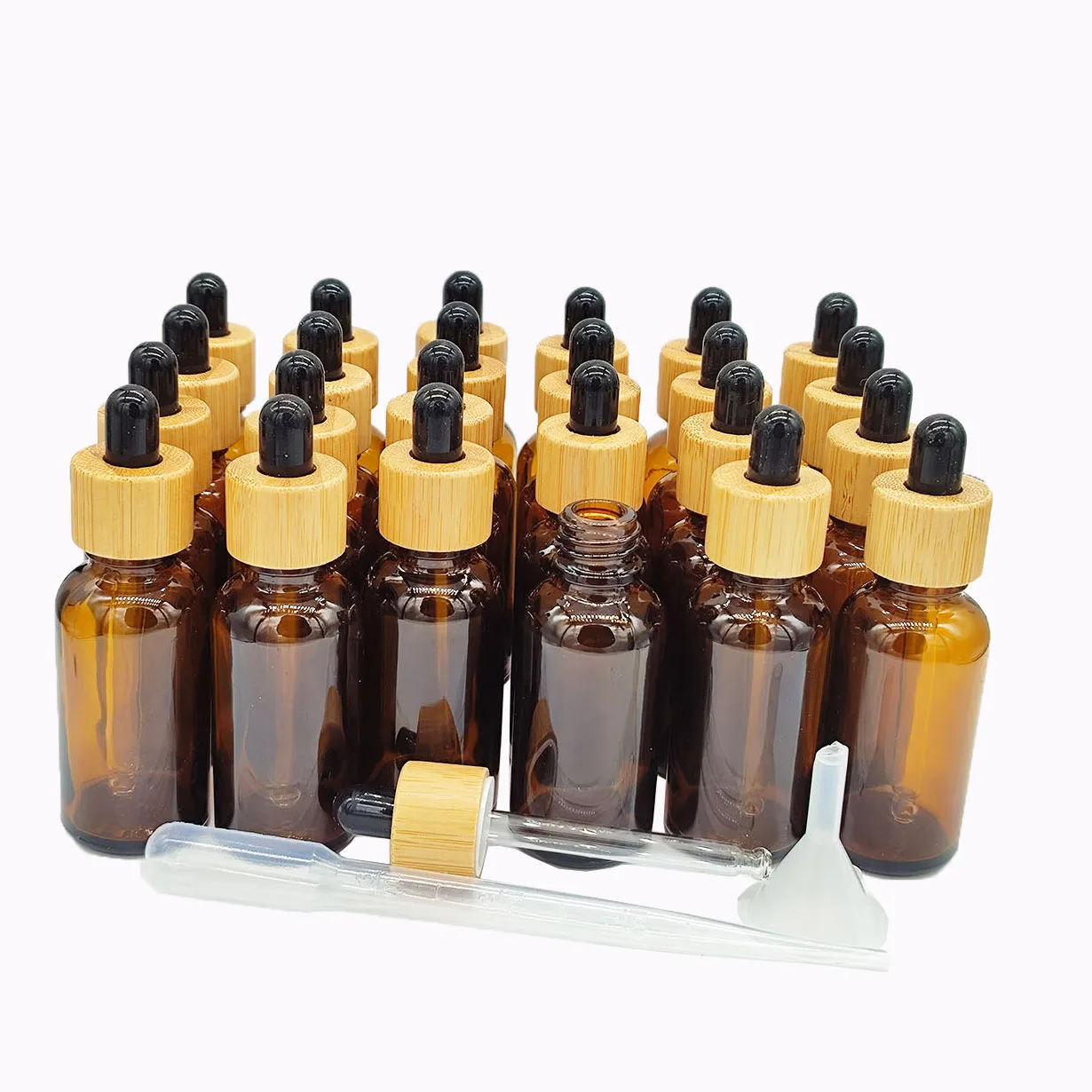 24Pack 30ml/1Oz Amber Glass Bottle With Bamboo Cap Empty Essential Oil Bottle Pipette Bottle Jar Brown Vials Travel Perfume Vial