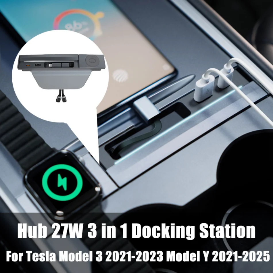 

27W 3-in-1 Docking Station for Tesla Model 3 2021-2023 Y 2021-2025 with Retractable Cable, Car Adapter Power Splitter Extender