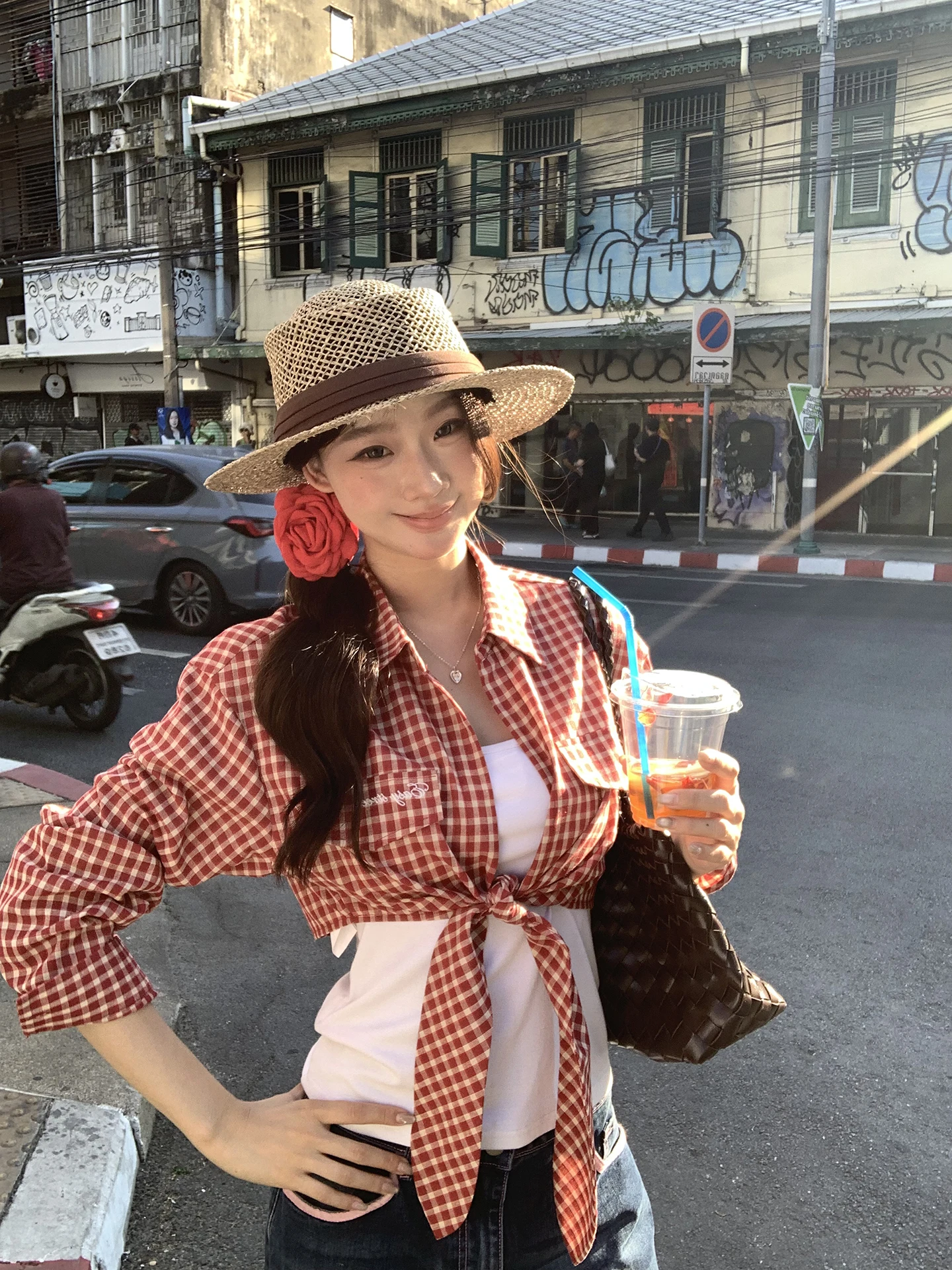 

Red Plaid Shirt Women's Short Sleeveless Design Cotton Blend Long Sleeve Shirt Commute Style Fashionable Young Crowd