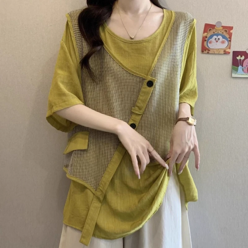 Oversized Blouses 2026 Women's Clothing Patchwork Short Sleeve Shirts Camisas De Mujer Chic Irregular Summer Vintage Blouse Tops