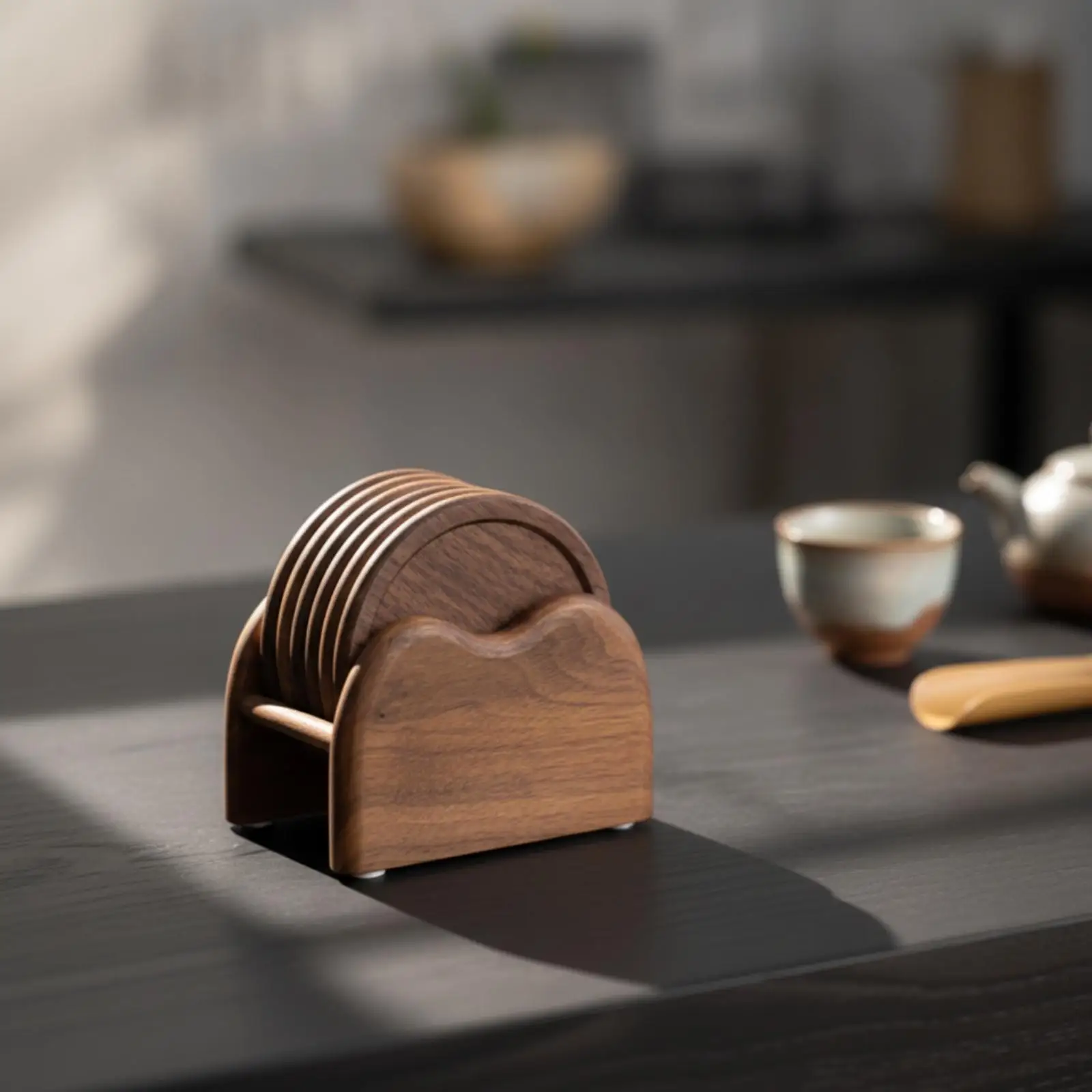 Walnut Wood Coaster Holder with Ceramic Coasters Set for Bedside Desk Office Table Use