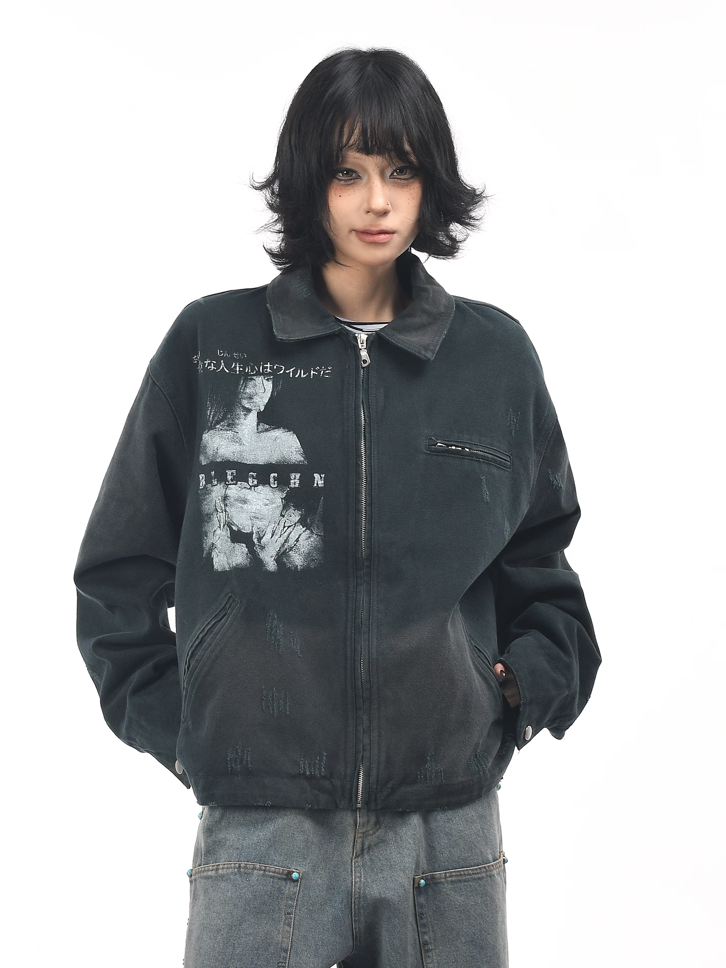 

OV Original American Retro Print Waed Workwear Jaet Loose Collar ex Autumn Trendy Zipper Closure Long Sve Cotton