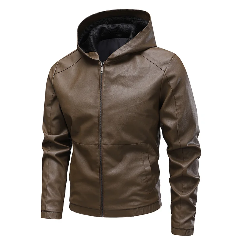 

Trendy Brand Leather Jacket Men's Hooded Korean Slim Fit Motorcycle Biker Jackets Casual Handsome Coat Faux Leather Outwear