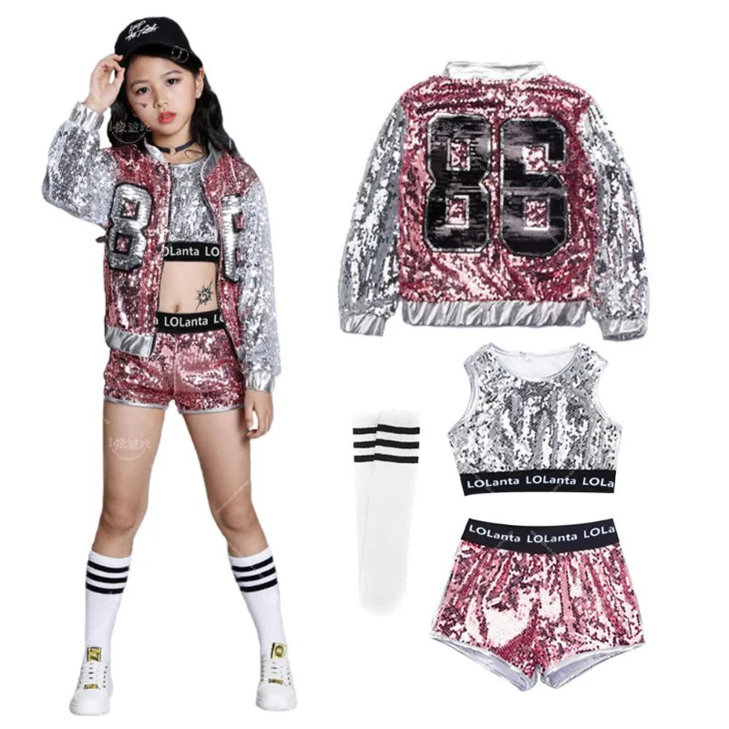 Girls Pink Sequin Short Top Jacket Dancer Costume Hip-hop Modern Jazz Dance Stage Performance Costume