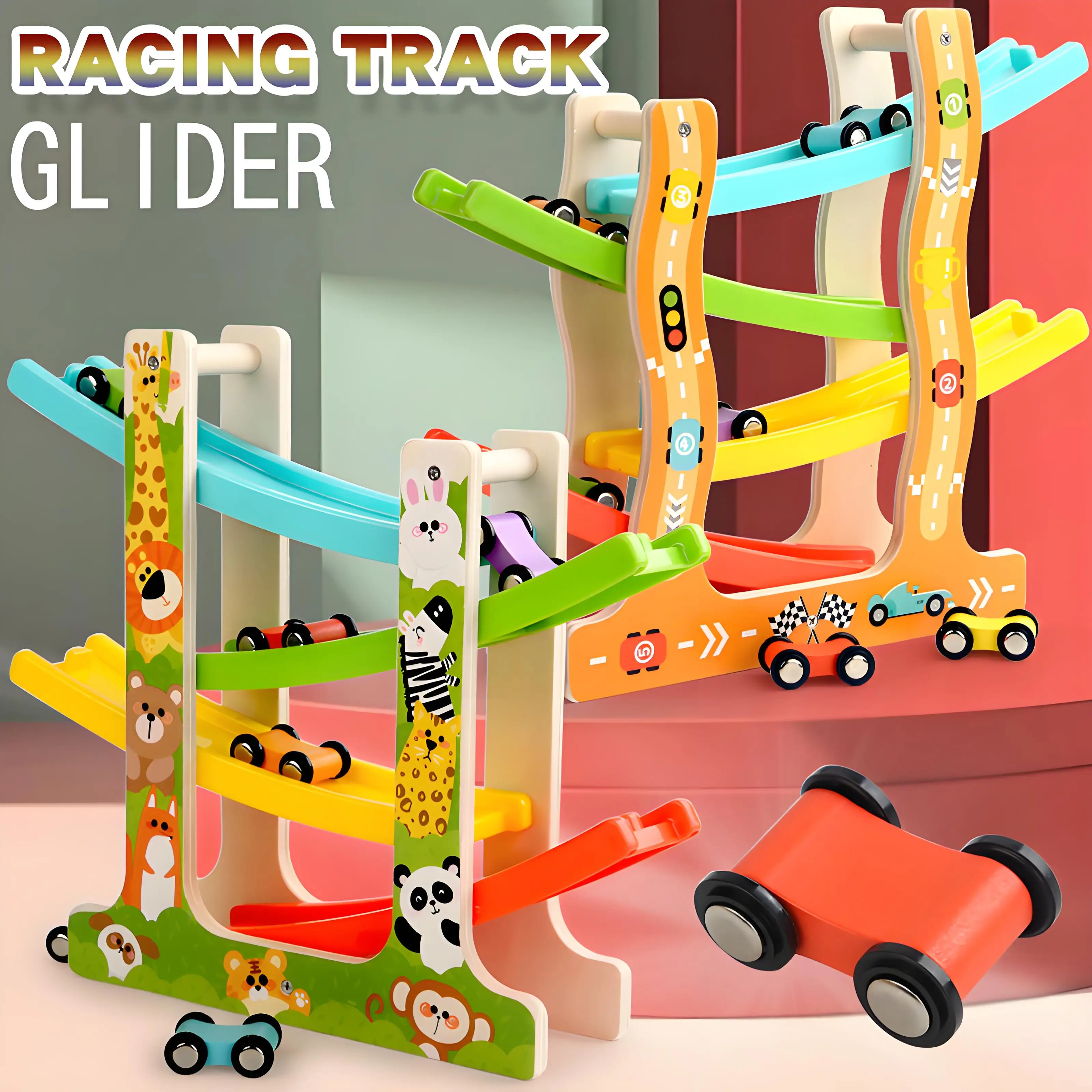

Wooden Track Racing Glider Car, Visual Tracking Fun Educational Toy, Hand Push Gravity Inertia Toy Car Combination