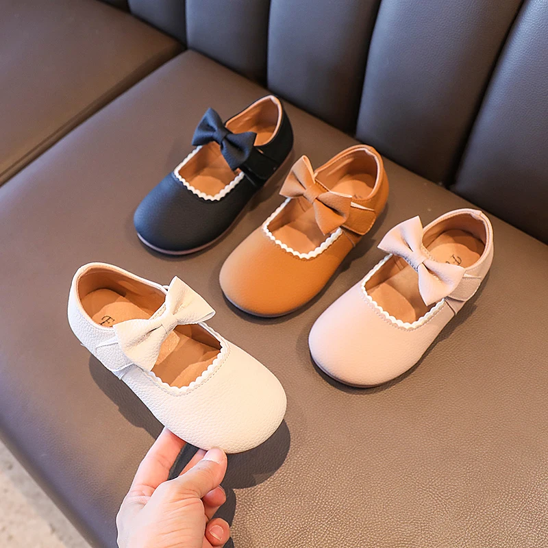 Baby Girl's Princess Shoes Soft Leather Bowknot Cute Children Autumn Shoes 21-30 Toddler Light Comfy Solid Color Kids Flat Shoes