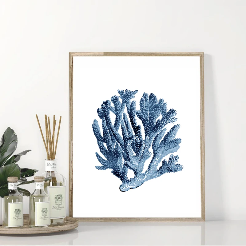 Blue Coral Sea Fan Posters and Prints Modern Watercolor Hamptons Style Art Canvas Painting Coastal Pictures Home Wall Art Decor