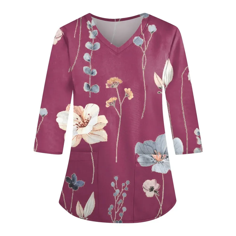 Clinical Uniform Woman Floral Print V-Neck Stretchy Sanitary Dental Uniform Long Sleeve Top Wholesal Medico Nurse Uniform Woman