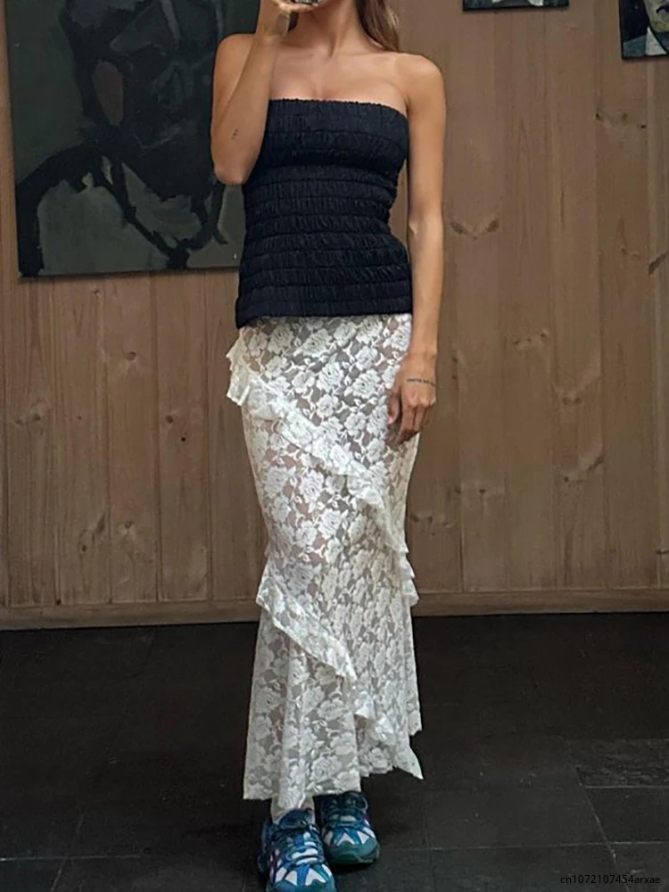 

2024 Sexy See Through Lace Women Skirt Black High Waist Floral Y2k Skirt Femme Summer Casual Vacation Outside Streetwear