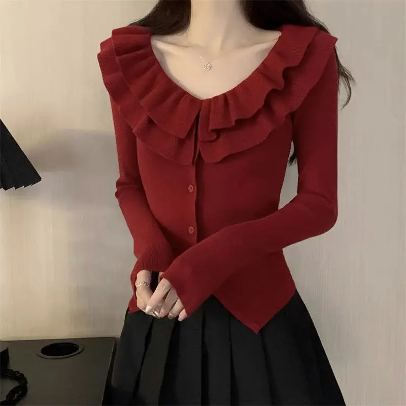 Elegant French Style Ruffles Spliced Sweaters Autumn Winter Slim Casual V-Neck Women\'s Clothing Long Sleeve Knitted Cardigan New