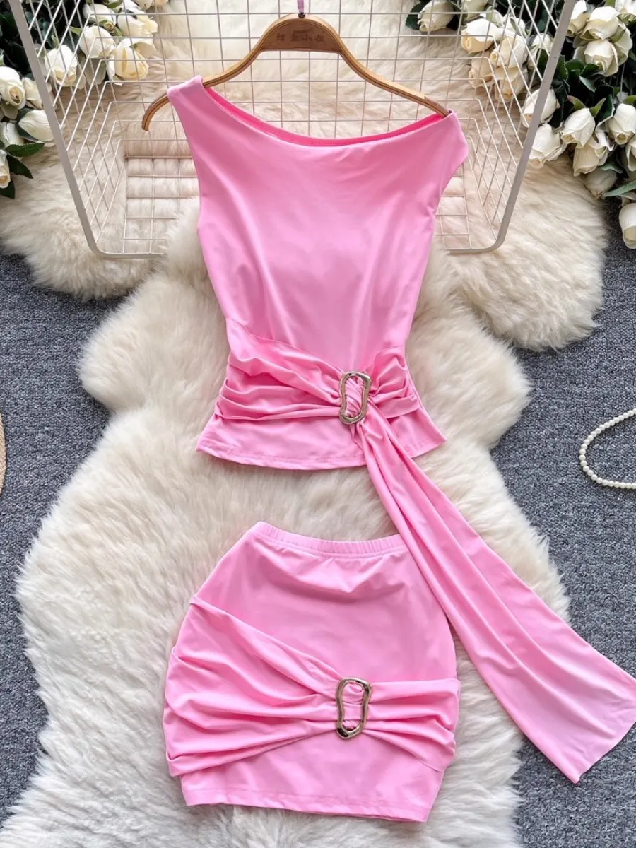 

Foamlina Summer High Waist Bodycon Mini Skirt Set High Quality Light Mature Elegant Slanted Collar Sleeveless Top 2 Piece Set