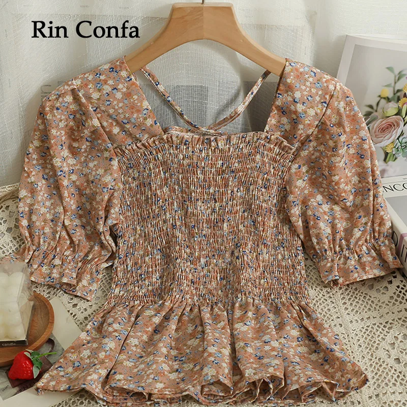 

Rin Confa Summer Sweet Tops Women Early Spring New Square Collar Careful Machine Bubble Short-Sleeved T-Shirt Floral Chiffon Shi