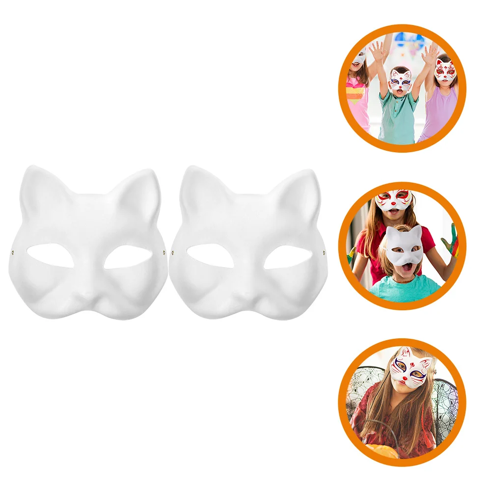 2 Pcs DIY White Paper Kitsune Cat Mask Base Masquerade Masks Blank Paintable for Carnival Makeup Miss