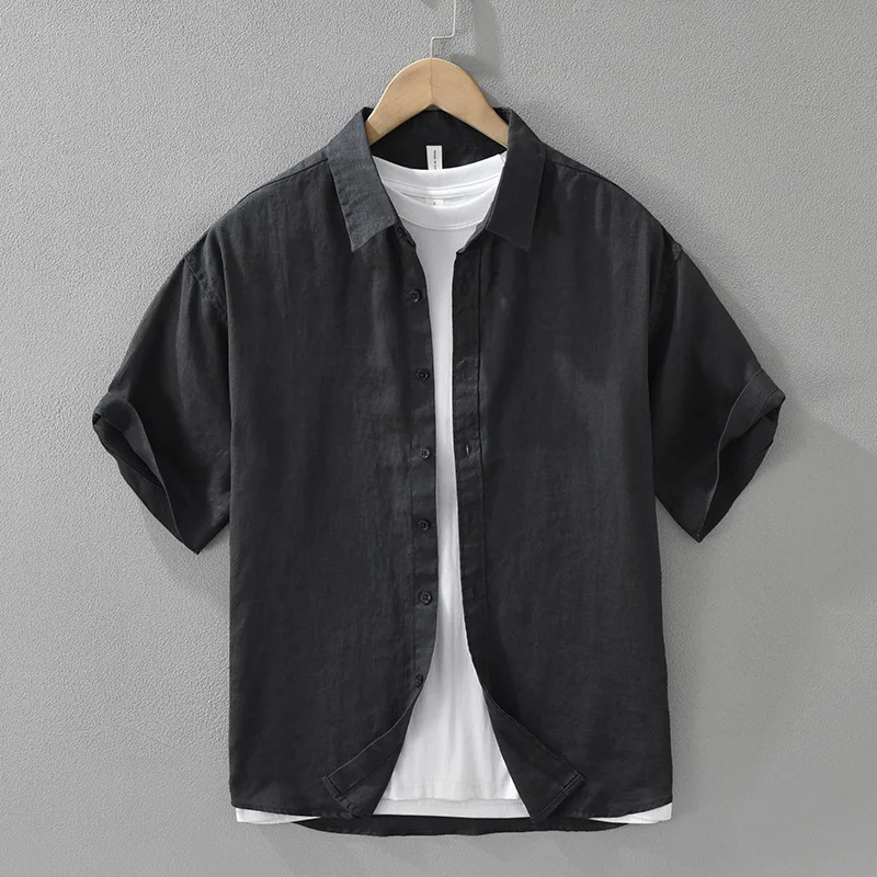 

Мужская свежая льняная рубашка с короткими рукавами в японском стиле, модный и универсальный, мягкий и дышащий, повседневный и свободный топ
