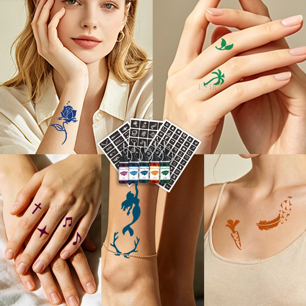 EYIR Henna Tattoo Paste Set 9 Farben Temporäre Tattoo Farbe mit 3 Schablonenblättern Körperkunst Malen DIY Festival Party – Detail 9
