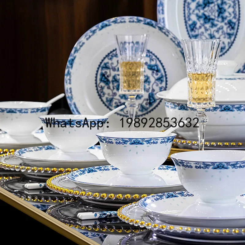 

x-14XL White Porcelain Glazed Colorful Bowl and Chopstick Set, New Chinese Style Ceramic Tableware, Complete Bowl and Plate Set,