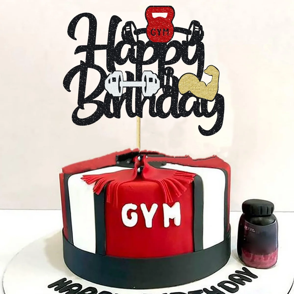 Cake Topper Weightlifting Happy Birthday Sports Pump Iron Kids Boy Man Party Baby Shower Cupcake Decoration Baking Supplies DIY