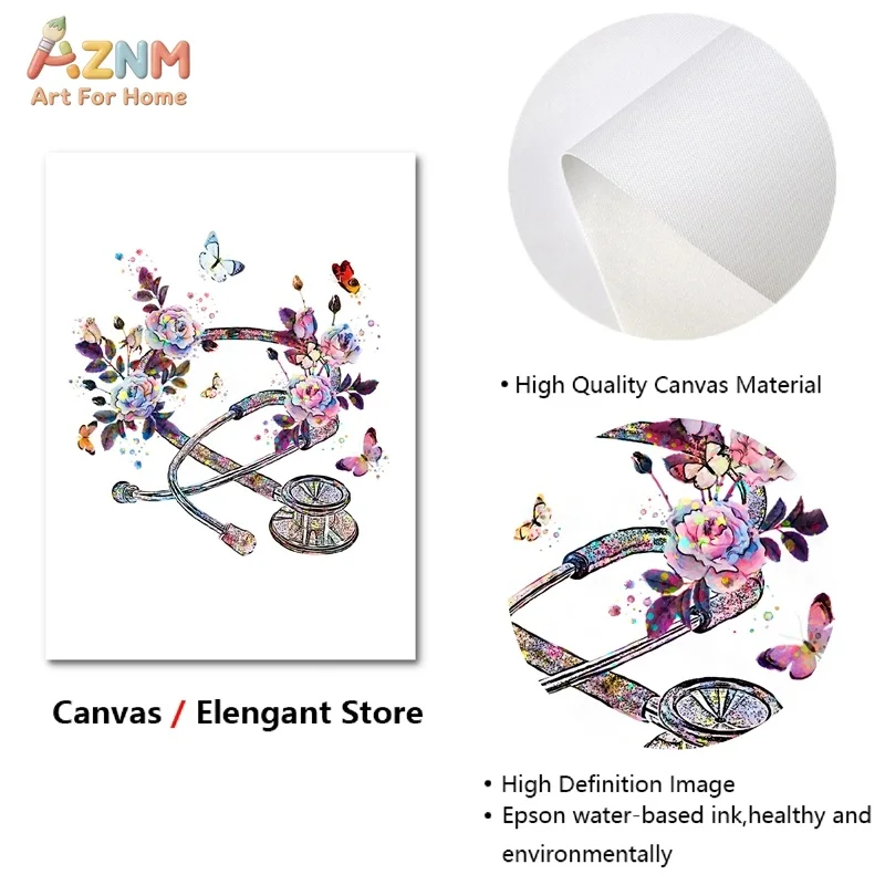 AZNM Medical Science Canvas Wall Art Watercolor Floral Stethoscope Caduceus Microscope Print Frameless Canvas Painting Clinic Of