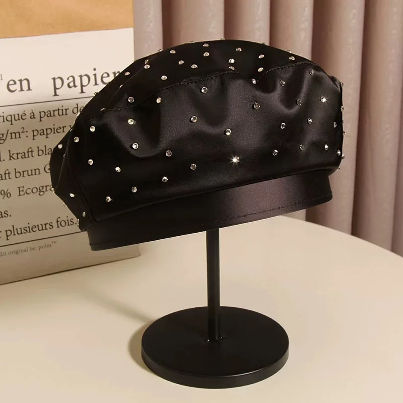 Fashion Designer French Black Silk Satin Rhinestones Beret Cap for Women Korean Japanese Style Ivy Irish Flat Painter Hats