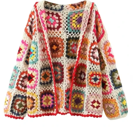 Autumn New Hollowed-Out Hook Floral Color Knit Cardigan Ladies Bohemian Style Loose Handmade Sweater Top Fresh