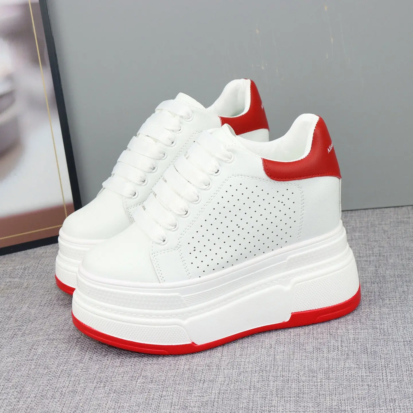 

Women Hollow Out Breathable White Sneakers 12CM Hidden Heel 10CM Thick Platform Petite Slimming Walking Shoes