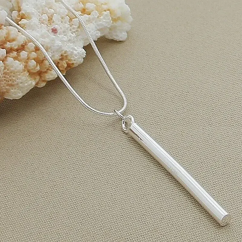 CHUANGCHENG-925 Sterling Silver Round Pillar Pendant Necklace, Snake Chain, Fashion Jewelry