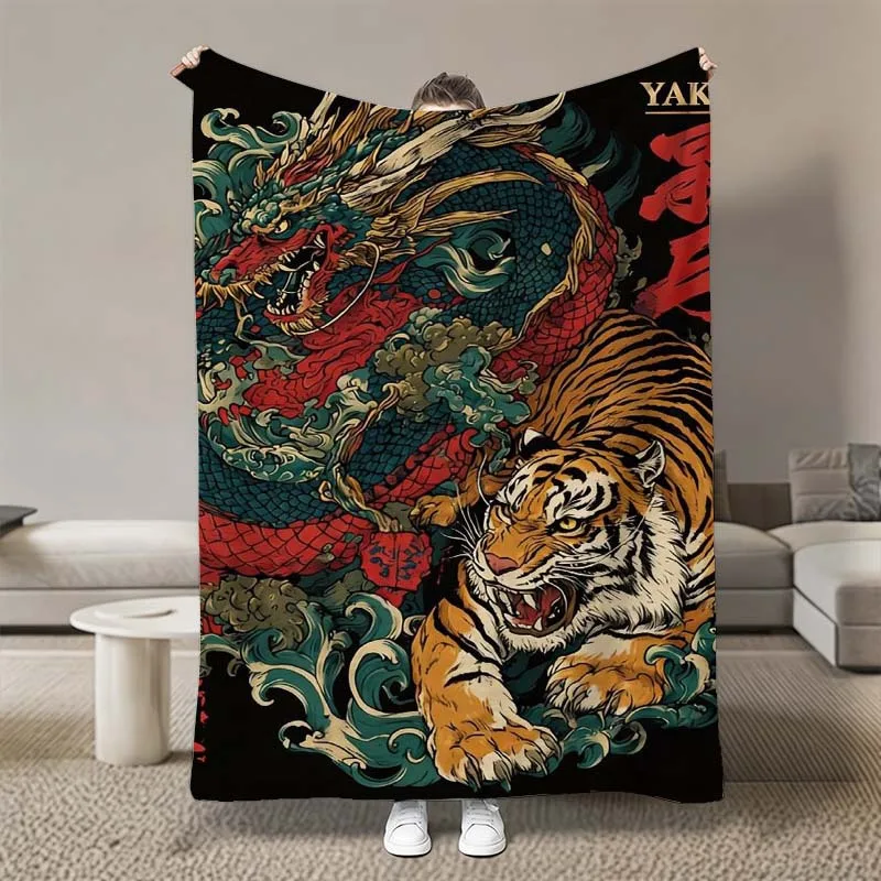 Ukiyo-e Dragon Tiger Flannel Blanket Vintage Oriental Dragon Tiger Ocean Wave Art Print Cozy Throw Blanket for Bed Couch Use