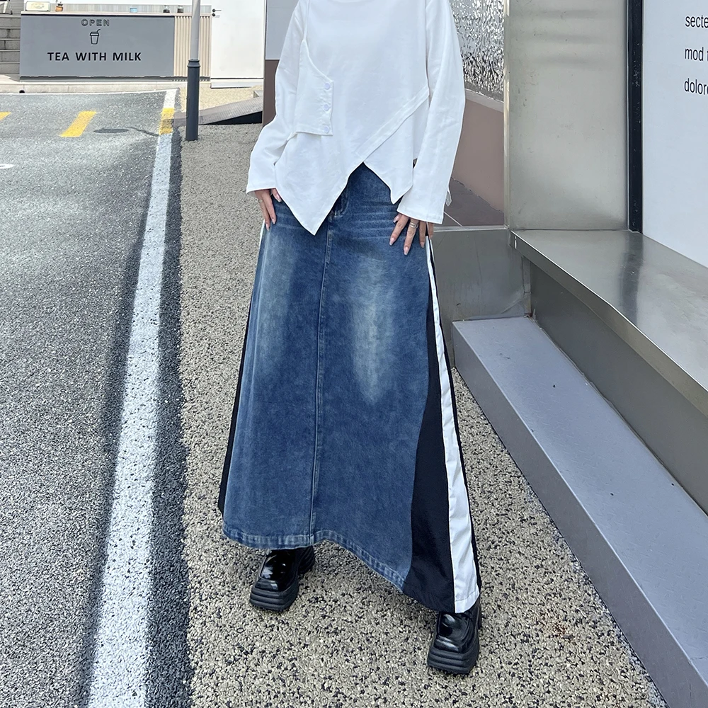 230827 Blue Denim Color-block Long A-line Half-body Skirt High Elastic Waist Women Fashion Tide New Spring Autumn 2024