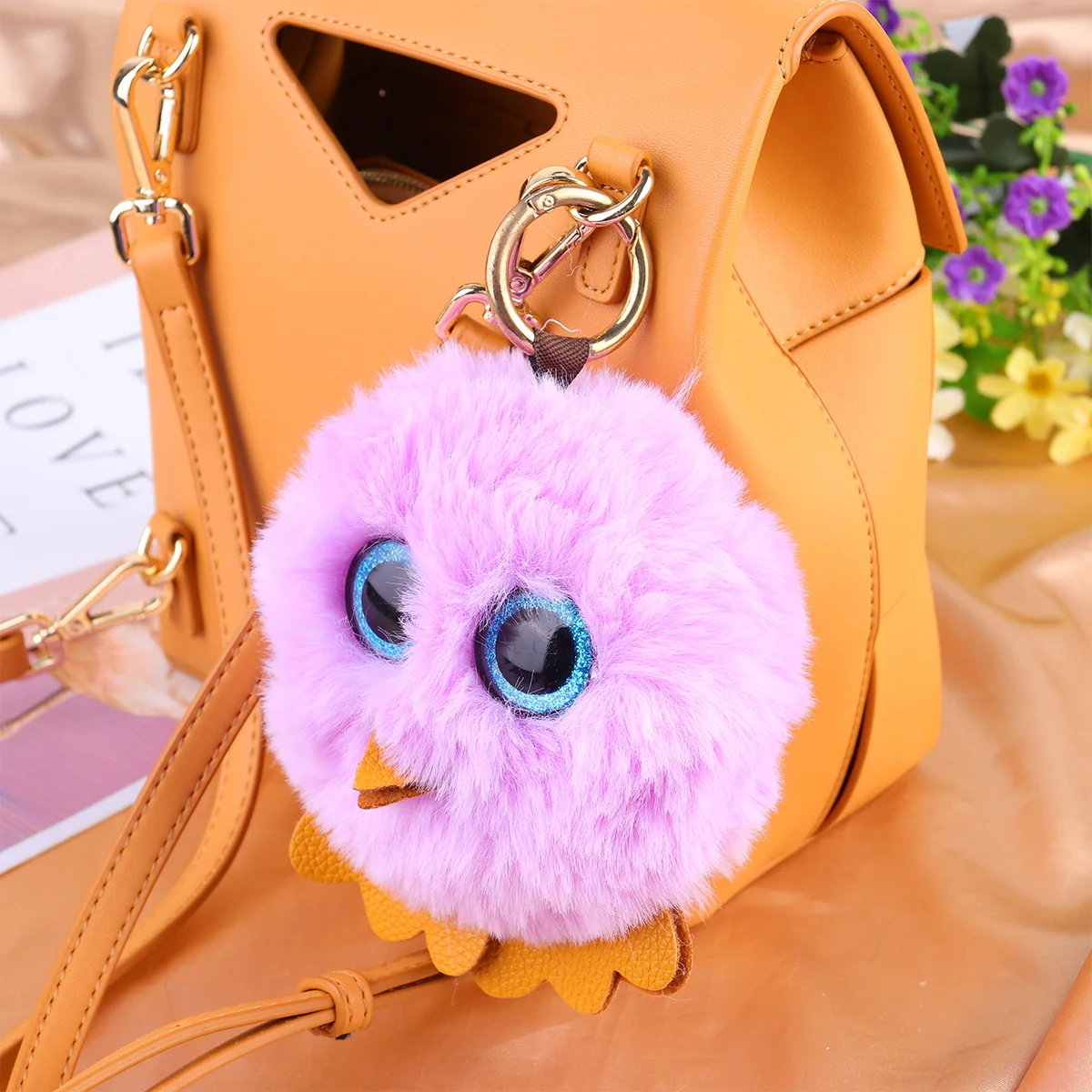 

Owl Hairball Keychain Purple Unique Key Holder Bag Charm Creative Small Gift for Women Girls Graduation Present