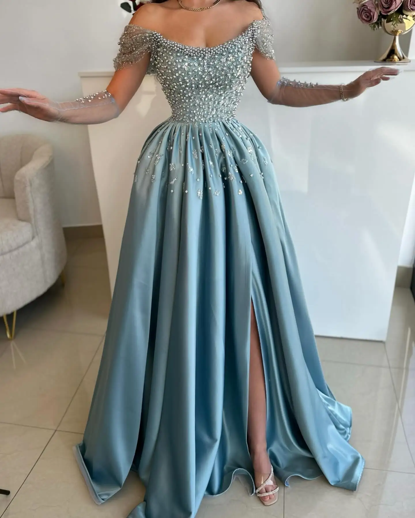 

Blue Pearls Satin Prom Dresses Long for Women 2025 Side Slit Beading Crystal Off the Shoulder Formal Evening Gowns Saudi Arabia