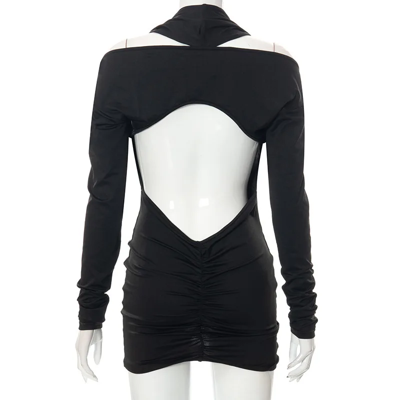 2025 Autumn Women Sexy Bodycon Long Sleeve Halter Deep V Neck Backless Pleated Solid Slim Fit Skinny Dress for Cocktail Party