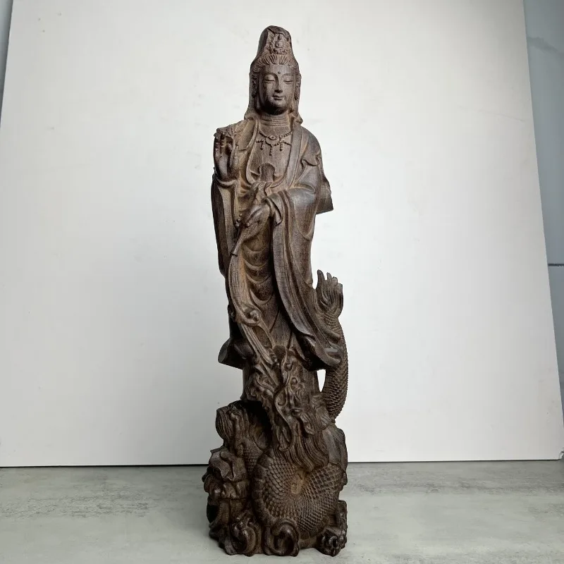 Hand-Carved Vietnamese Agarwood Dragon Guanyin Statue - 14.6