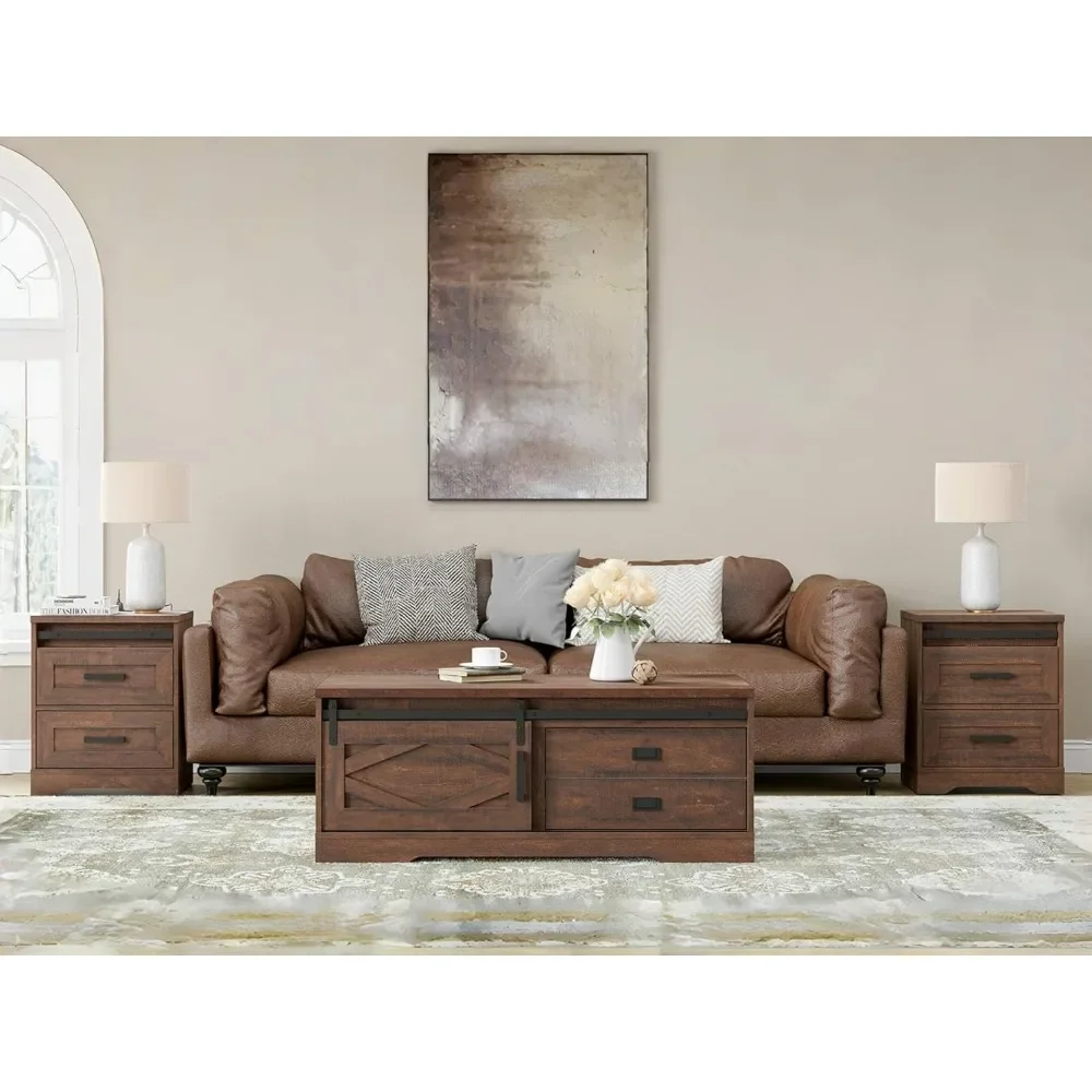 Rectangular Coffee Table and 2 Pack End Table with Charging Station Side Sofa Table with Drawers for Living Room