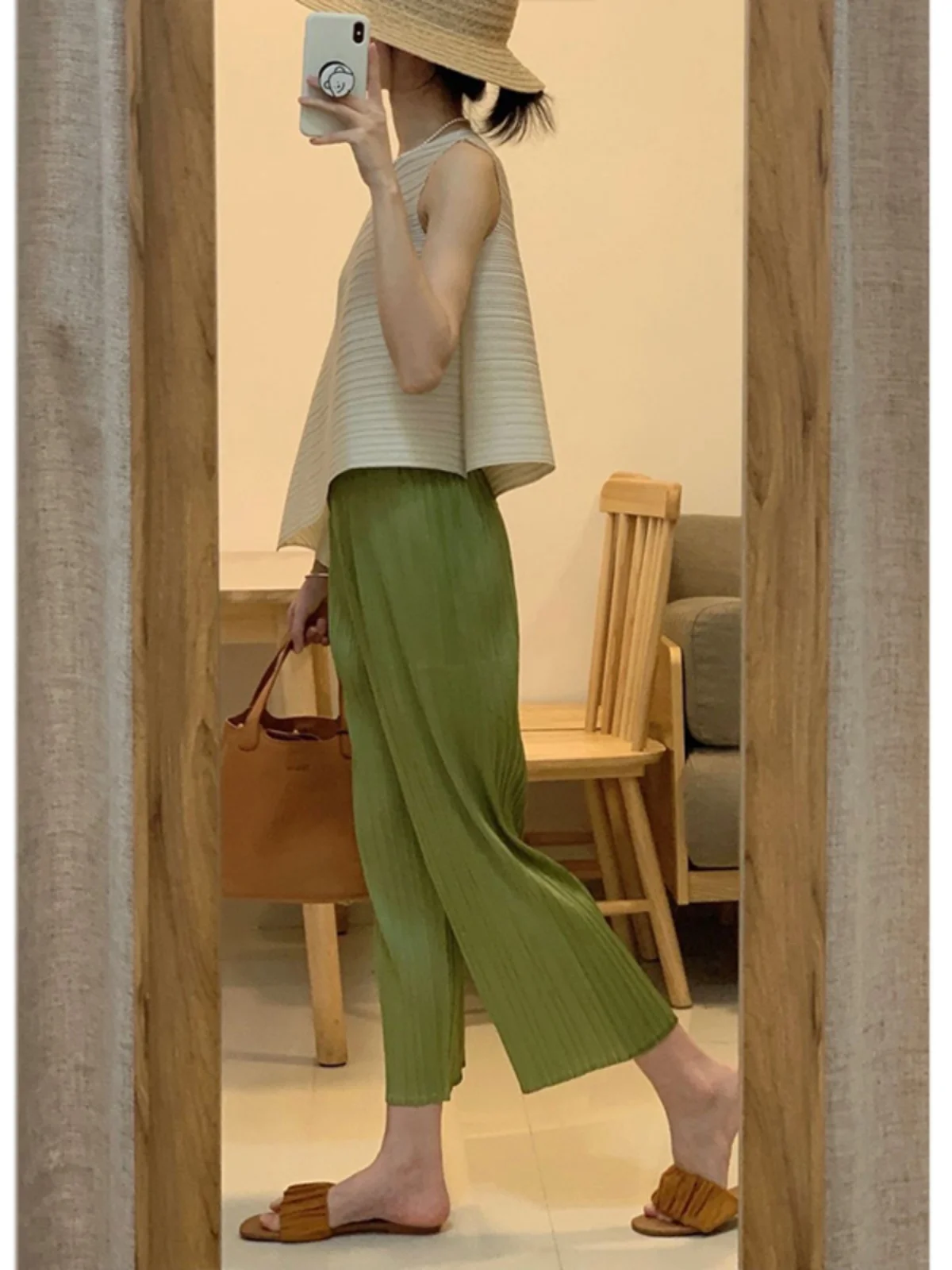 아세테이트 플리츠 와이드 레그 팬츠 여성용 9부 얇은 루즈핏 스트레이트 캐주얼 바지 하이웨이스트 여름 패션