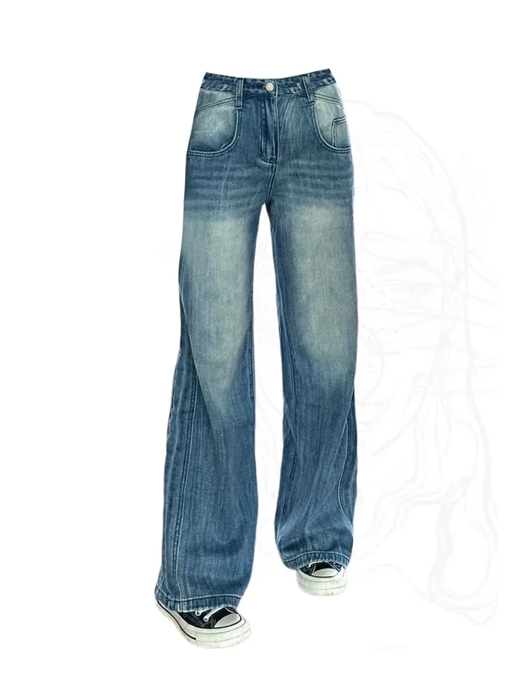 

High Quality Fashion Wide Leg Pants Blue Full Length Cotton Jeans High Street Hiphop Straight BF Style Casual Streetwear Grunge