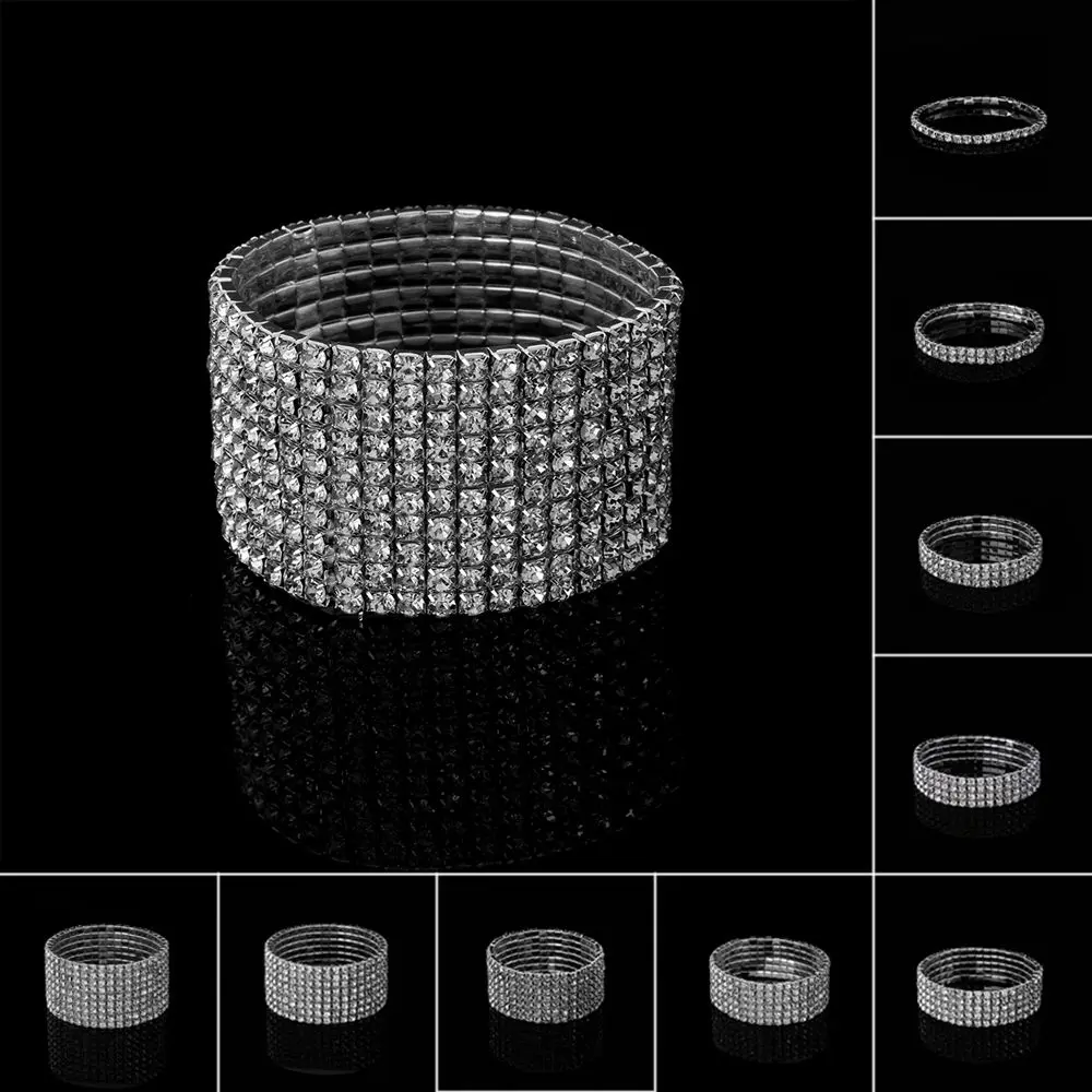 1-10 Rows Fashion Bridal Jewelry Crystal Rhinestone Wristband Elastic Bangle Stretch Bracelet