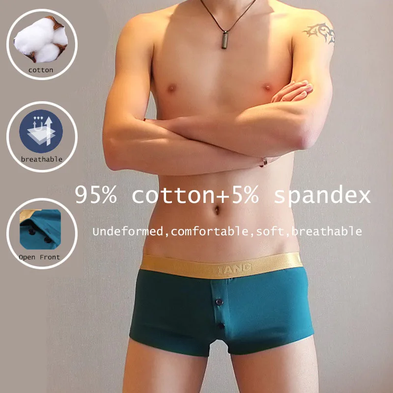 Button Open Front Underwear Men Pouch Cotton Boxer Shorts Comfortable Comfy Sheer Underpants Male U Convex Sexy Panties Wangjang