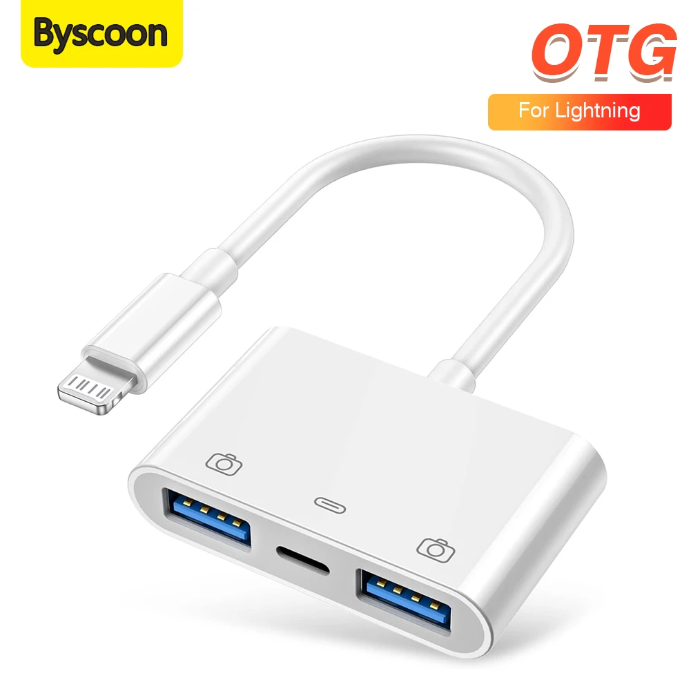 Byscoon 3in1 Lighting to USB/Lighting Card Reader for iPhone 14 13 12 11 Pro iPad Charging Converter For iOS Above OTG Adapter