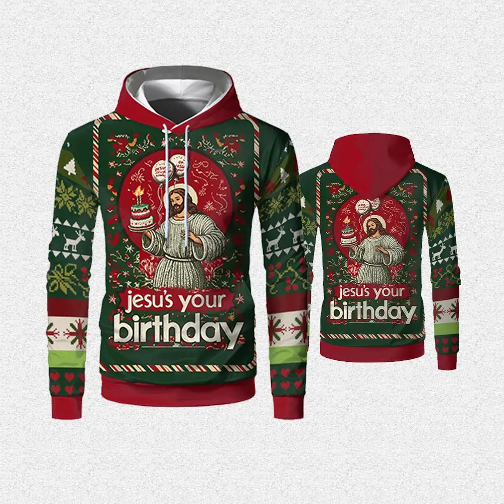Jesus 3D Print Christmas Hoodie Spring/Autumn Street Style Fashion Casual Pullover Men's Loose Plus Size Holiday Gift Top