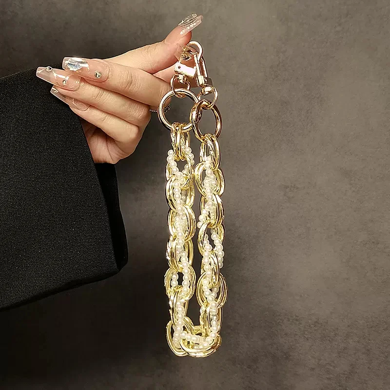 Luxury Pearl Silver Mobile Phone Lanyard Wrist Strap Lady Hand-held Chain Short Anti-lost Cell Phone Earphones Cute Key Pendant