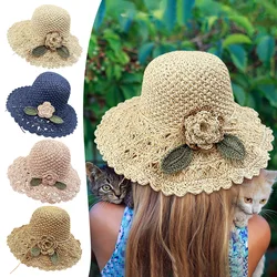 Simple Women Hand-woven Straw Hat With Flowers Soft Lightweight Sun Hats For Outdoor Beach Vacation Foldable Sun Protection Cap