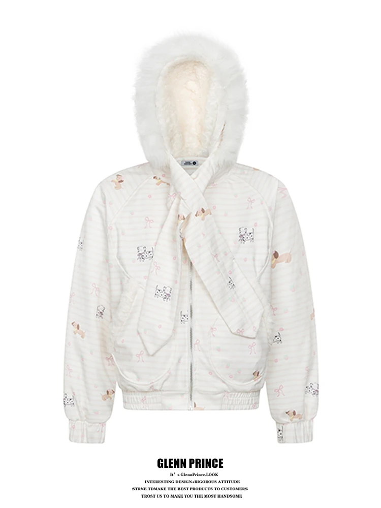 

Корейская утепленная хлопковая куртка с капюшоном для женщин, с принтом собаки и полосками, повседневная верхняя одежда для пар