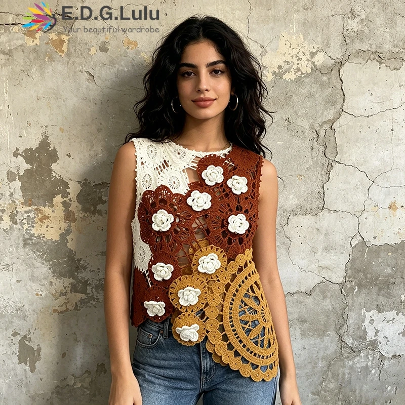 

EDGLuLu Bohemian Style Heavy Industry Crochet 3d Flower Vest 2026 New Round Neck Sleeveless Asymmetry Vest Top 0613