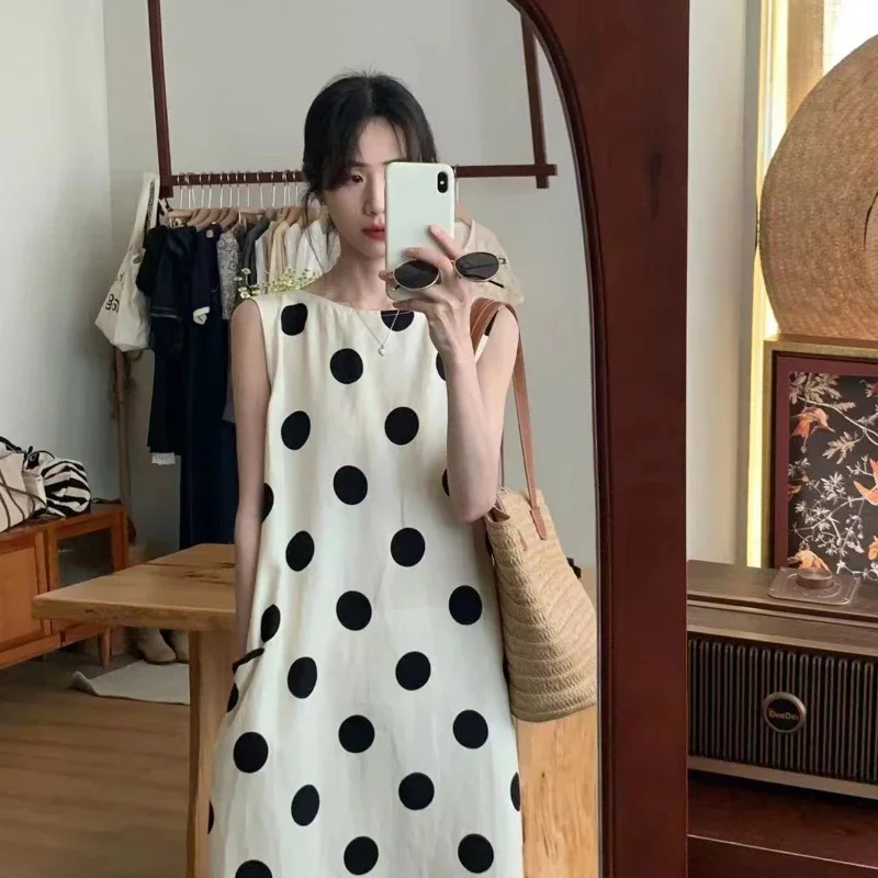 2025 novedad de verano, vestido largo holgado sin mangas sexi para mujer, estilo playero, vestidos elegantes sin mangas con abertura lateral, vestido de lunares para mujer