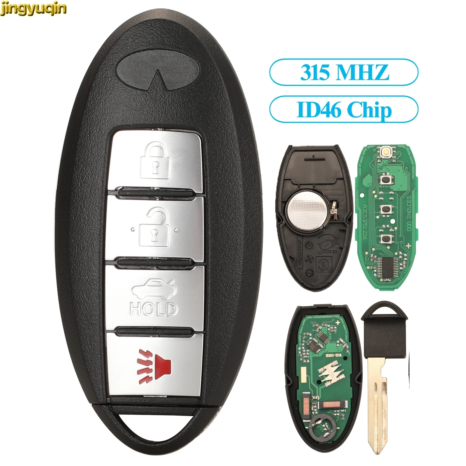 

Jingyuqin 5pcs Remote Car Smart Key Fob Control 315MHZ ID46 PCF7952 For INFINITI FX35/50 G25/35/37 Q40/60 QX70 2014-2018 4Button