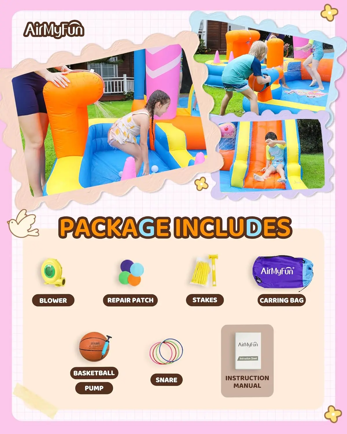 منزلق مائي قابل للنفخ من Bounce House، منزل ترتد للأطفال الكبار 8-12 موضوع الآيس كريم الحارس، مع مسدس ماء وحفرة كروية