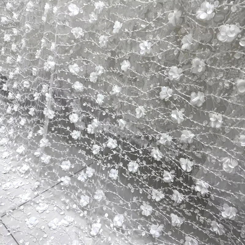 Elegant White 3D Flower Mesh Fabric Featuring Beaded Sequins And Appliqué Design For High-End Wedding Dress Veil And Formal Wear