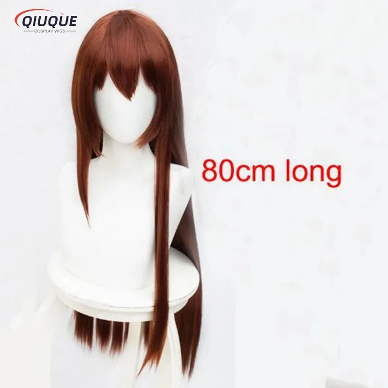 LQ80cm 100cm Long Straight Copper Red Steins Gate Makise Kurisu Christina Heat Resistant Hair Cosplay Costume Wig + Free Wig Cap